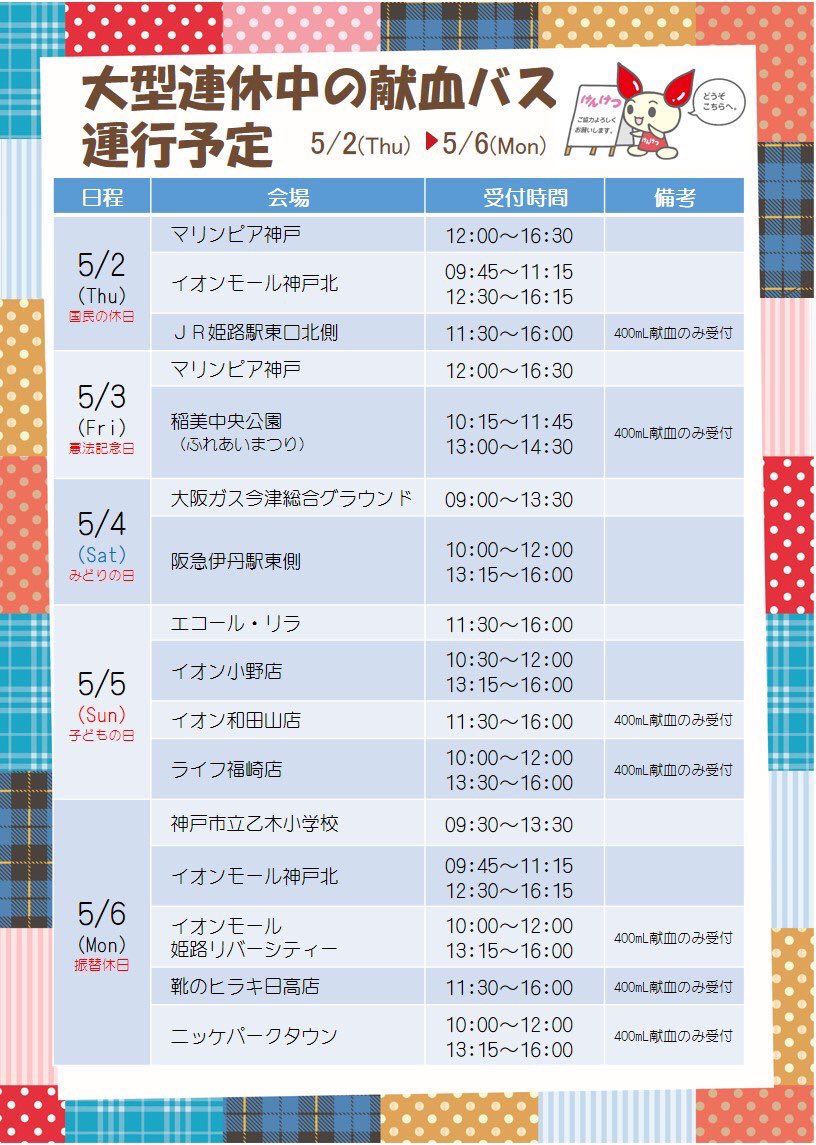 KOBerrieS 広報担当>大型連休中も県内各地で献血を行なっています。さらに5/2マリンピア神戸では、献血推進大使 #KOBerrieS♪ の皆さんによる献血PR☆献血にご協力いただいた方はツーショット写真撮影と3分間お話が出来ます(12〜16時)ぜひこの機会に献血のご協力をお願いします！ .@KOB_S2014 .@hyogogakusui16 https://t.co/4dT4fIS27y